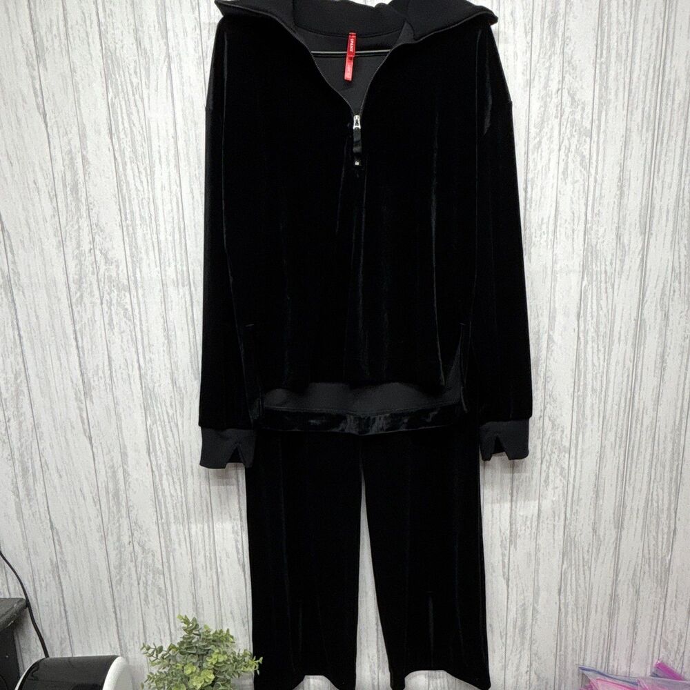 SPANX Womens XL Black Velour 2 Piece Set Zip Jacket Pants Pockets Relaxed